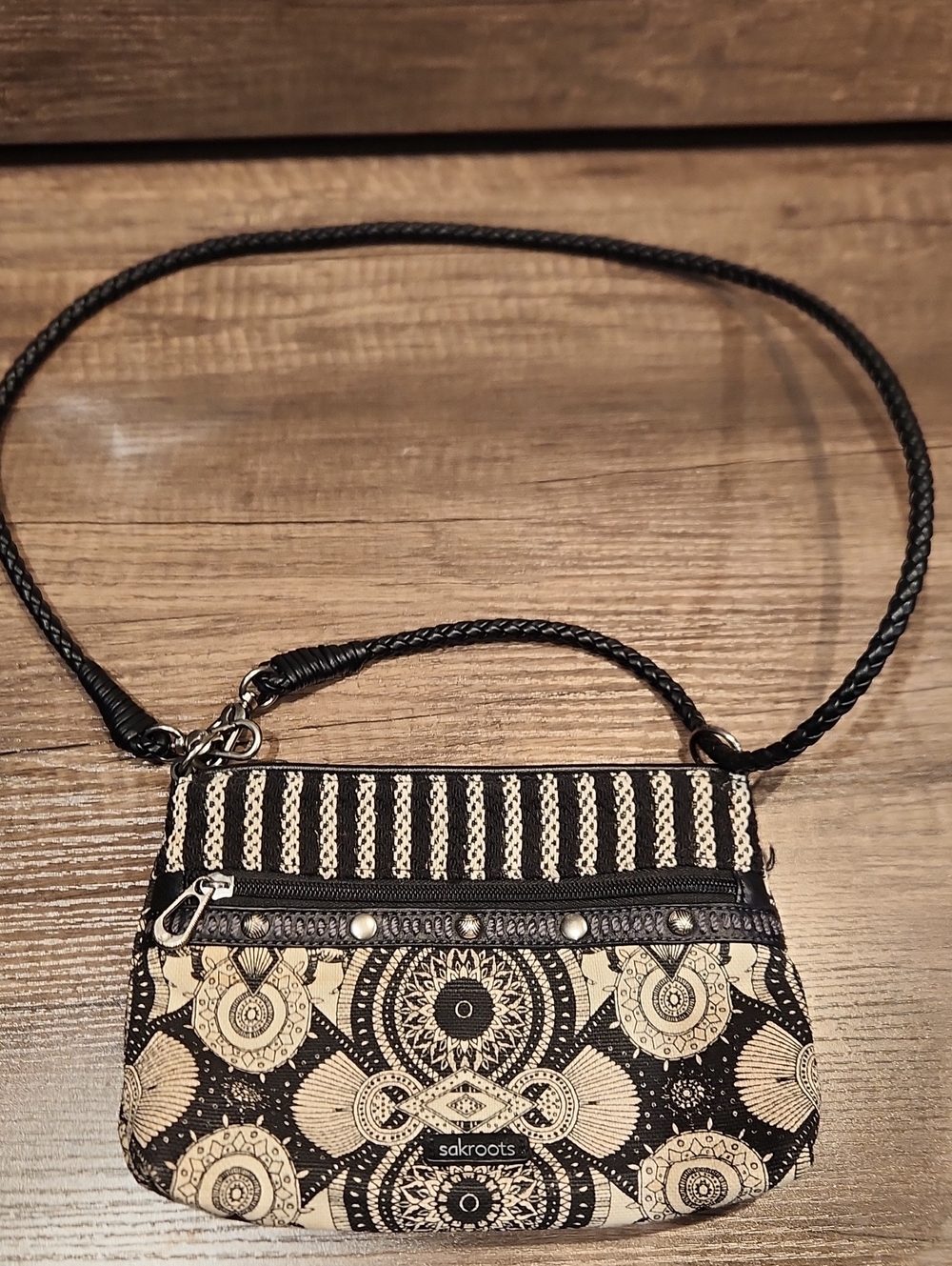 Sakroots Black & Cream Mandala Print Braided Strap Crossbody